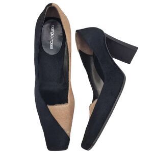 Sergio Rossi Size 6.5 High Heels Leather Square Toe Black Tan Slip On Fur Shoes